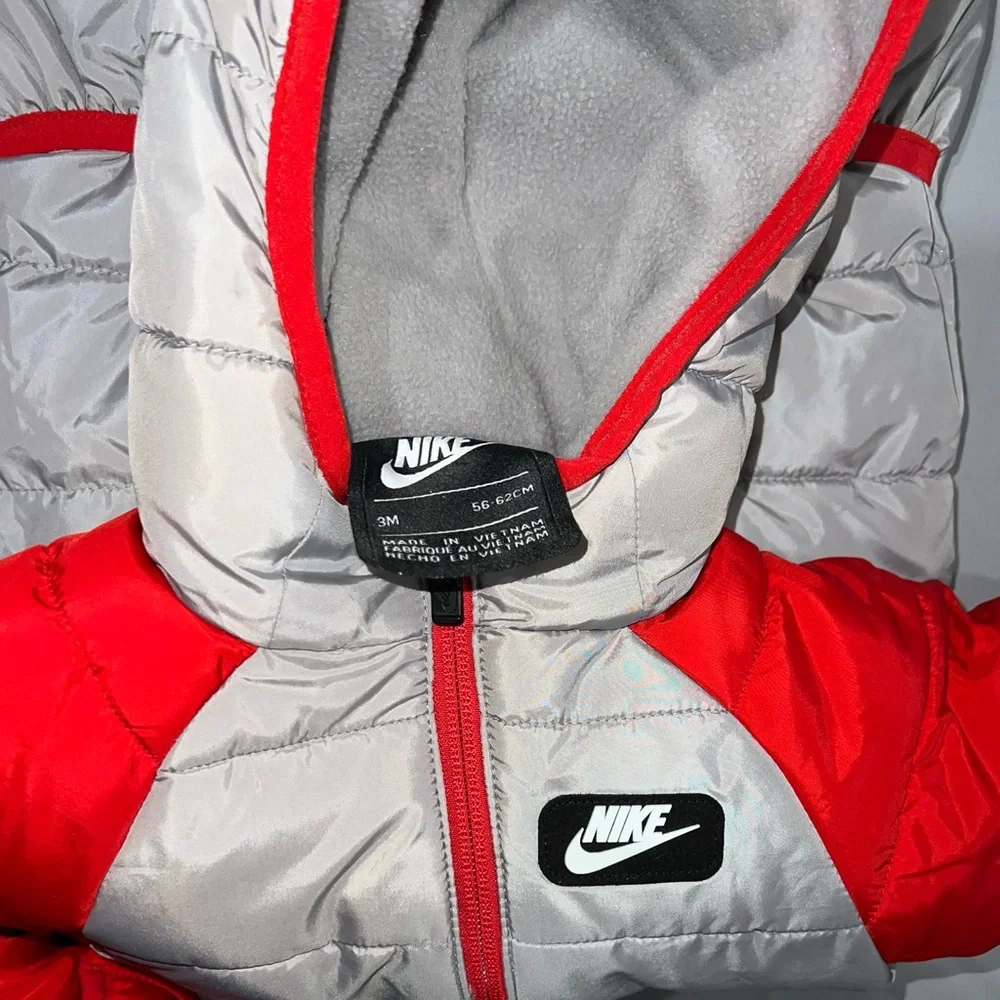Nike Gray and Red Quilted Baby One-Piece Snowsuit